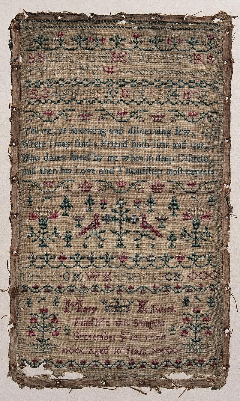 Sampler (verse, motifs & alphabet), made in England, 1774