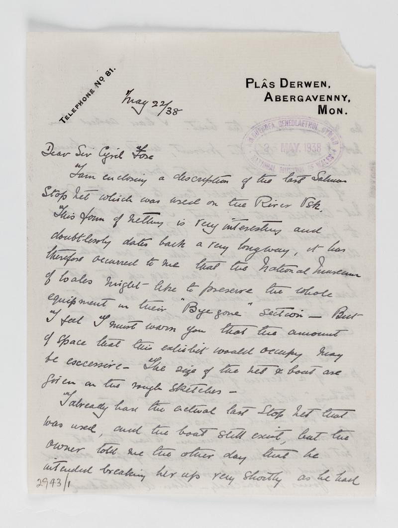 Handwritten letter, dated 1938, from Alan Q. Whitehead of Abergavenny to Cyril Fox, Amgueddfa Cymru  National Museum Wales, to accompany descriptive notes and sketches 'of the last Salmon Stop Net' used on the River Usk.