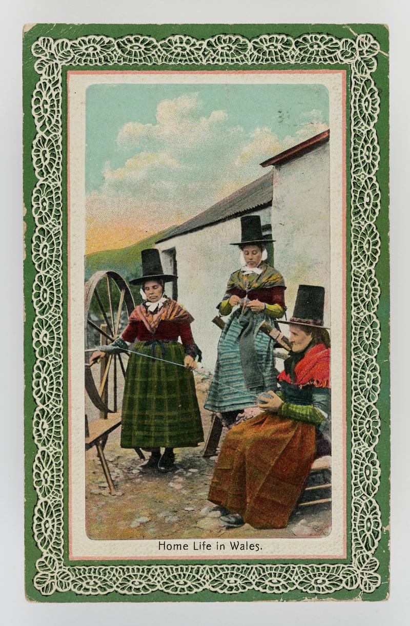 3 Welsh ladies, 1 knitting the other 2 working spinning wheel.  Inscribed:  'Home life in Wales'.
