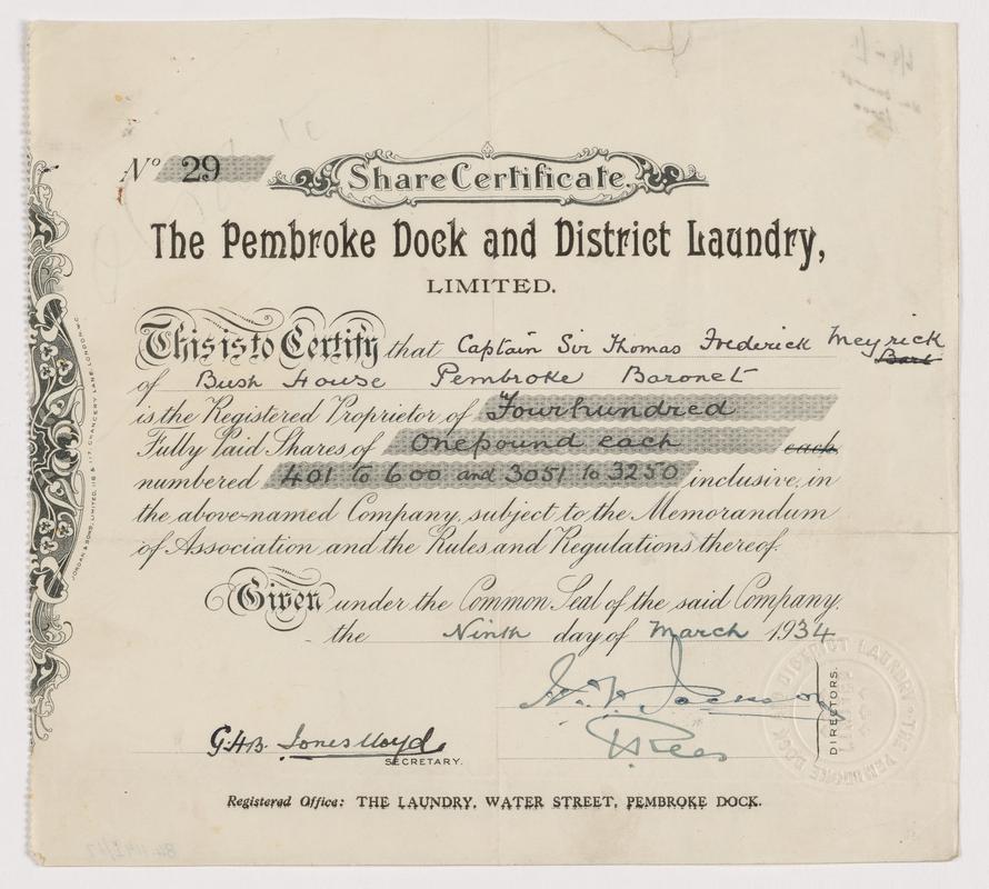 The Pembroke Dock and District Laundry Limited, £1 ordinary shares, 1934,