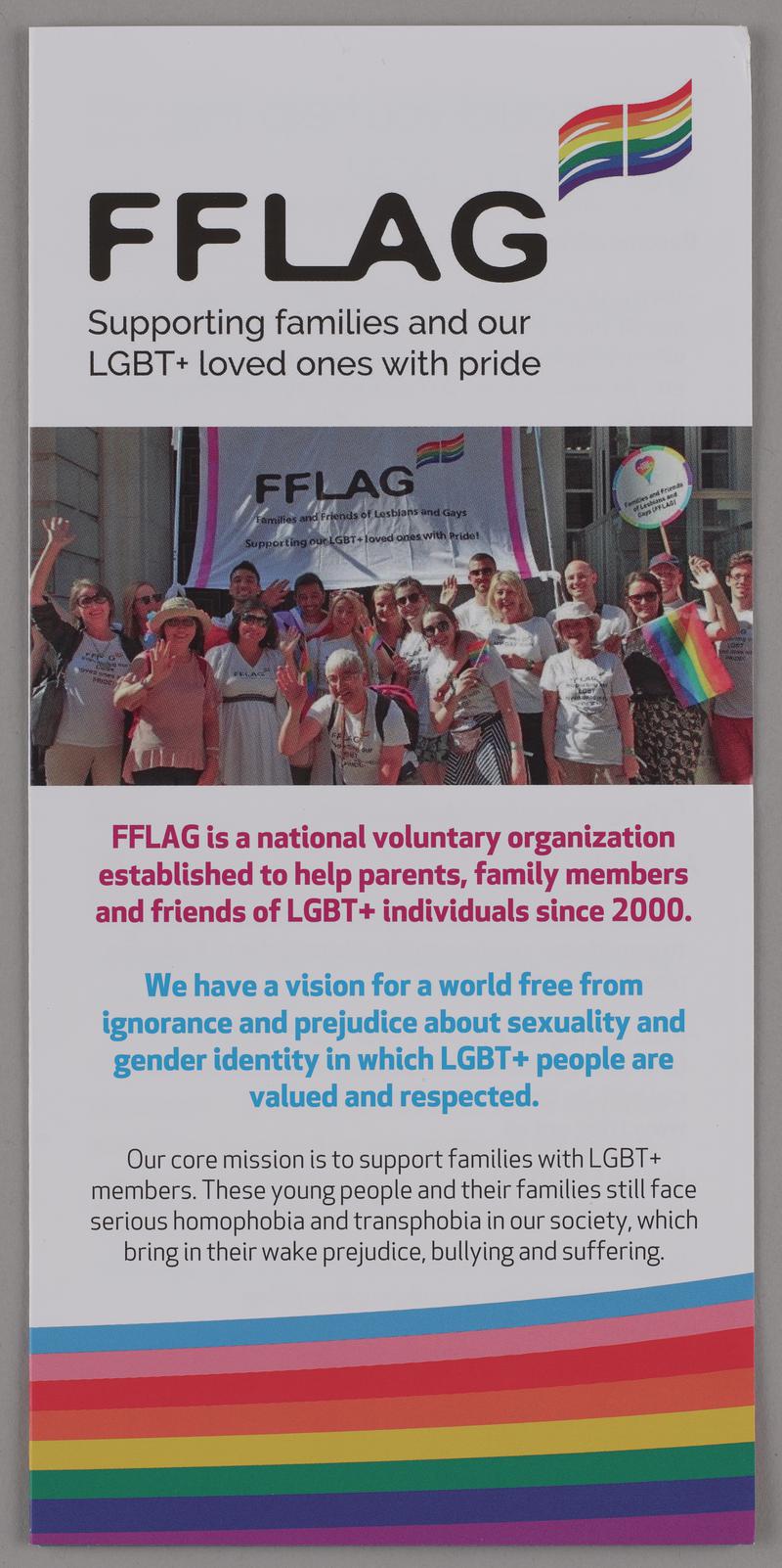 FFLAG leaflet 'FFLAG Supporting families and our LGBT+ loved ones with pride'.