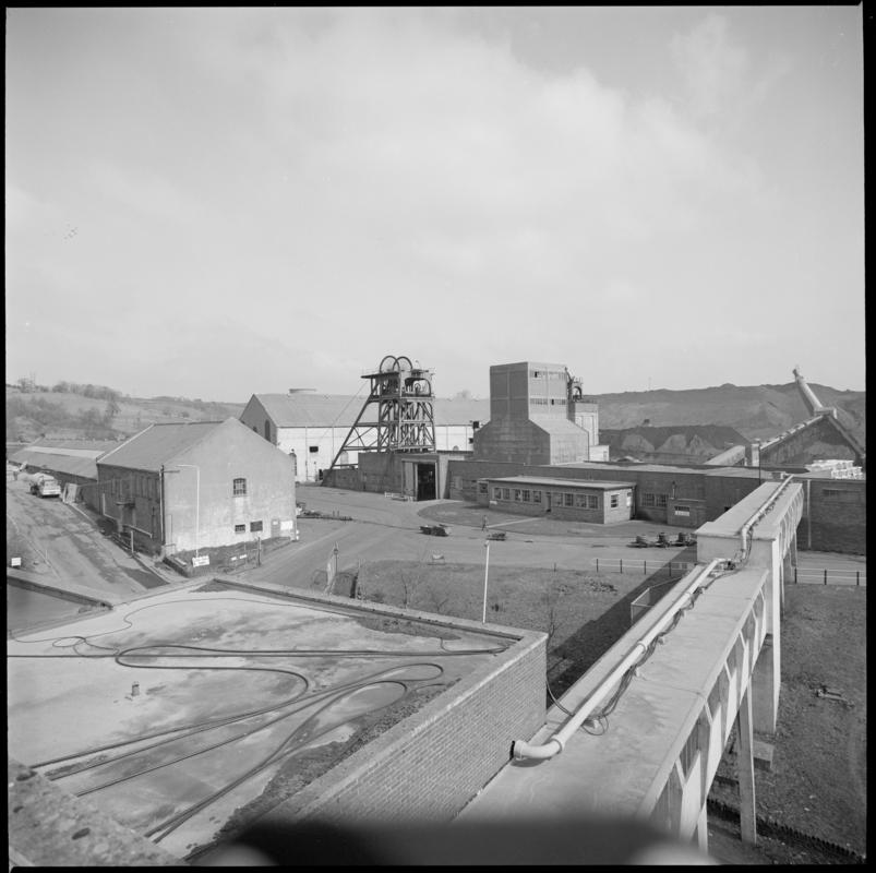 Black and white film negative showing a surface view of Cwm Colliery.