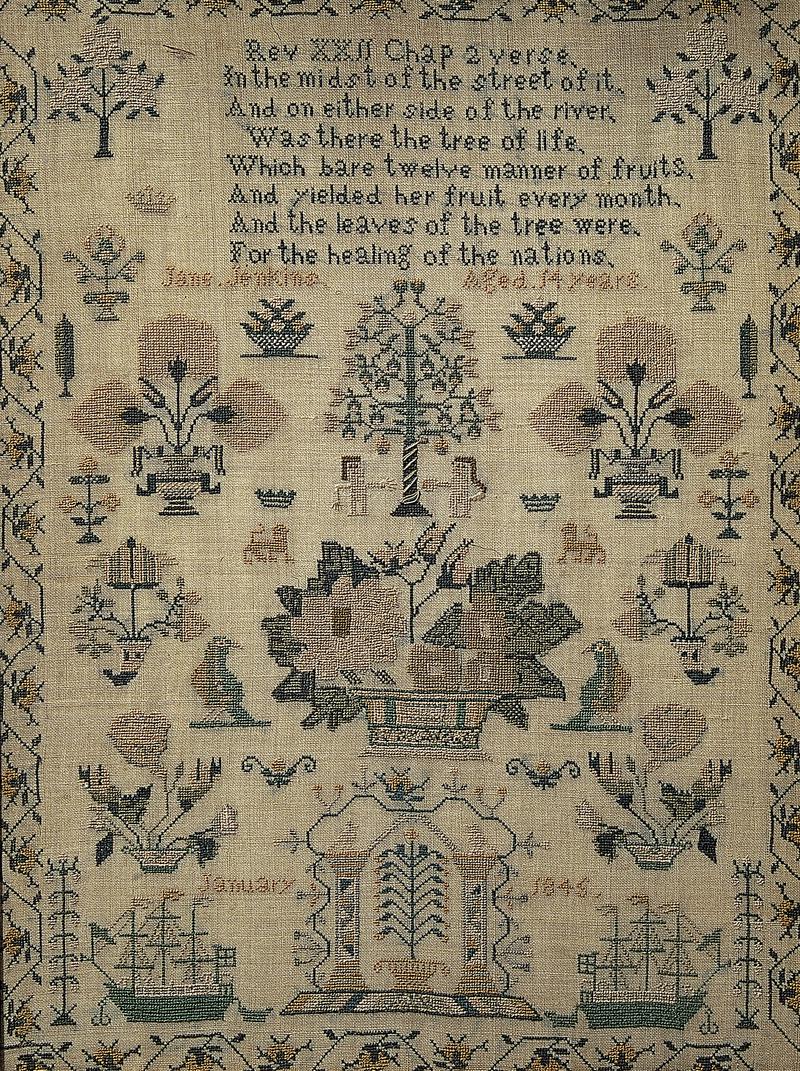 Sampler (motifs & Biblical verse), made in Wales, 1845