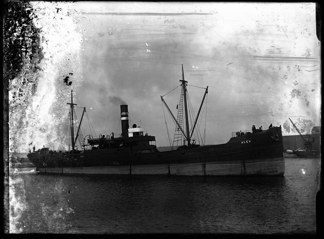 Starboard broadside view of S.S. ALEV at Cardiff Docks, c.1936