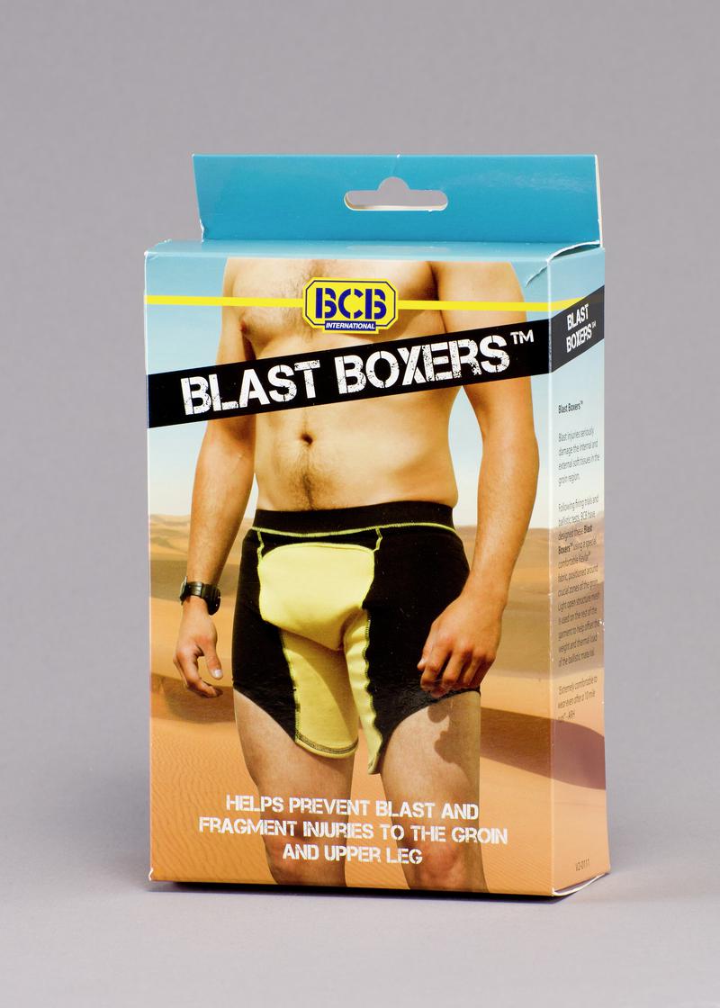 Box for 'Blast Boxers' Protective boxer shorts made by BCB International Ltd.