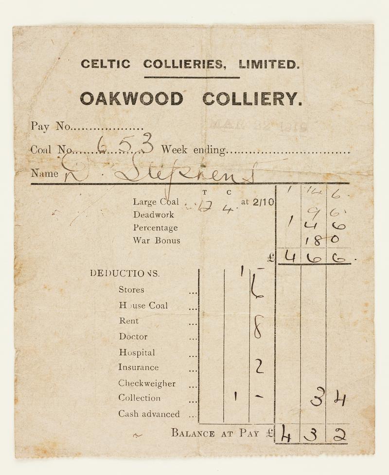 Celtic Collieries, Limited Oakwood Colliery pay slip for week ending 22 March 1919. Issued to D. Stephens.