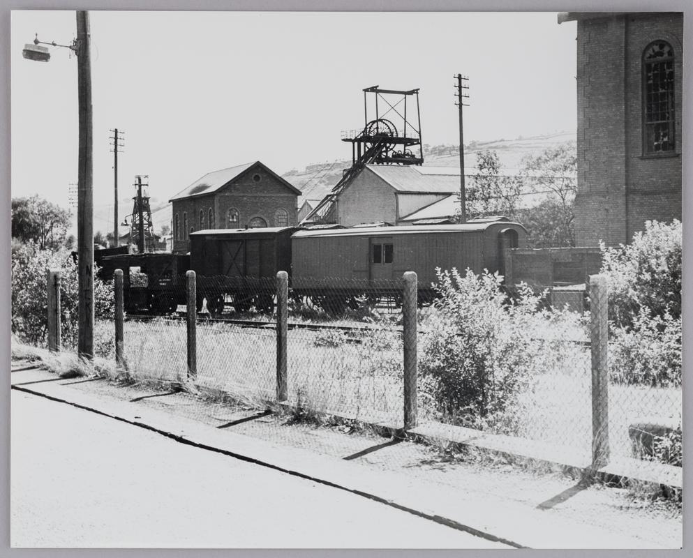 South Pit headgear and engine house, Nixon's Navigation Colliery, 1970s. Abergorki Colliery headgear on the left.