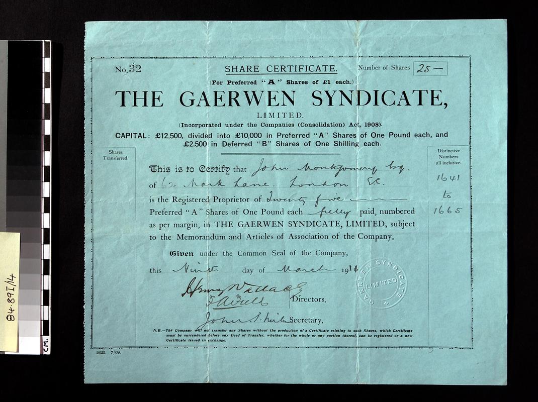 Gaerwen Syndicate Limited, share certificate