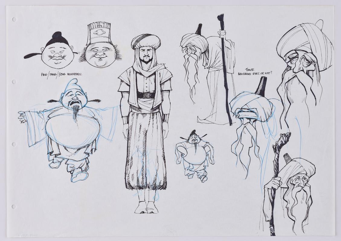 Turandot animation production sketch showing the characters Ping, Pang, Pong, Calaf and Timur.