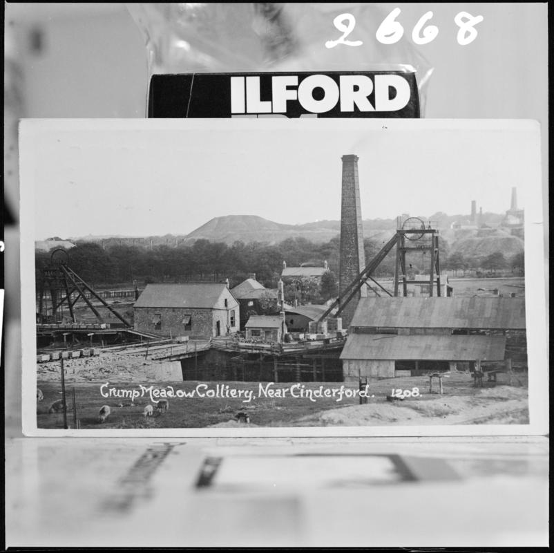 Black and white film negative of a photograph showing a surface view of Crump Meadow Colliery, Cinderford.  'Crump Meadow Forest of Dean' is transcribed from original negative bag.
