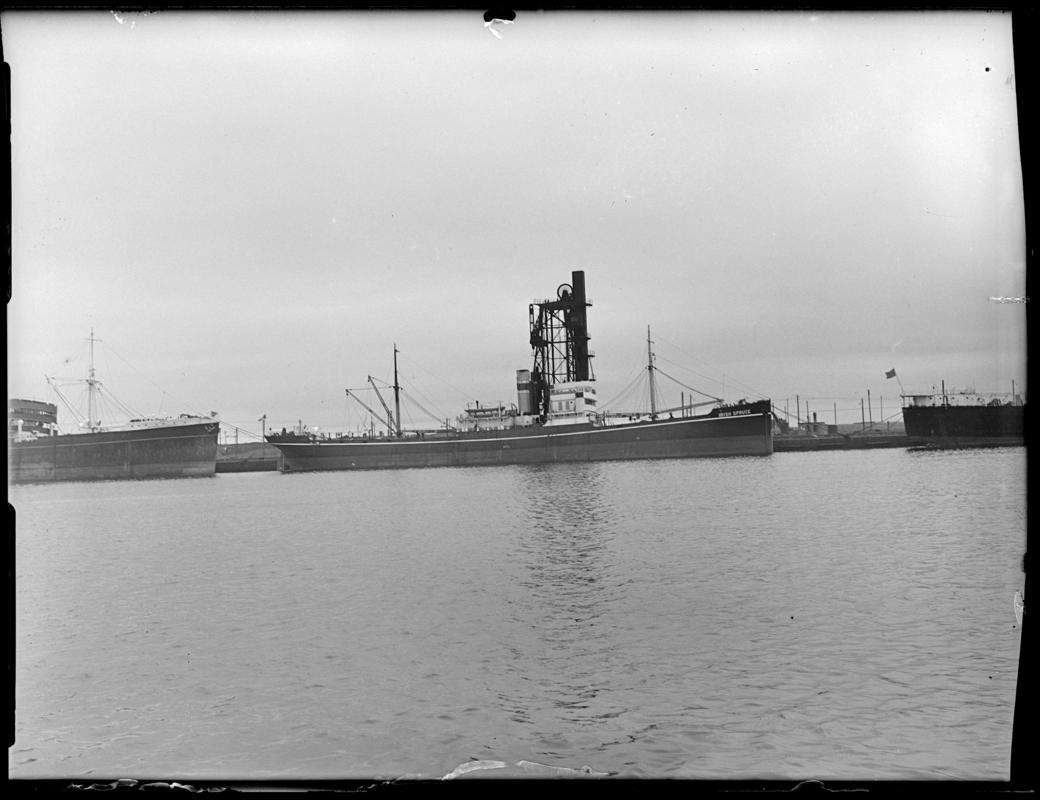 Starboard broadside view of S.S. IRISH SPRUCE, Cardiff Docks, 1948.