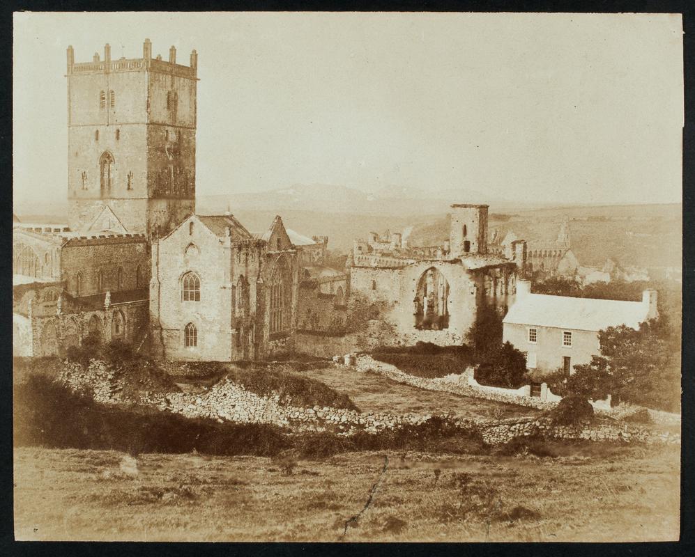 View from the town down towards the Cathedral on the left and refectory and Bishops Palace at  centre, St. David's