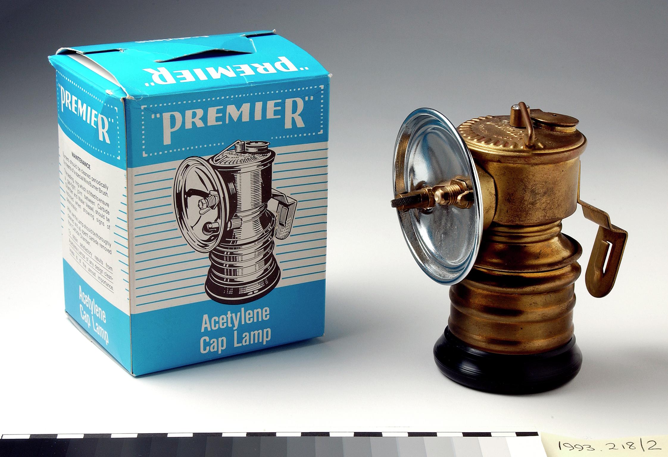 Miner's carbide cap lamp with box
