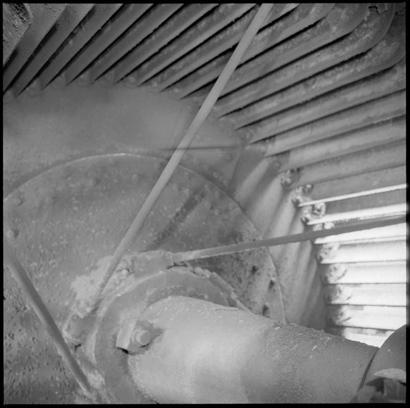 Black and white film negative showing ?part of a fan, Blaenserchan Colliery 22 August 1975.  'Blaenserchan 22 Aug 1975' is transcribed from original negative bag.