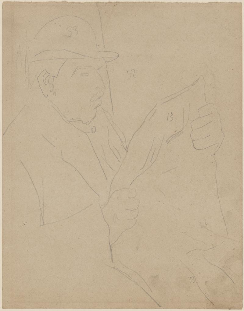 Old man in hat reading a newspaper