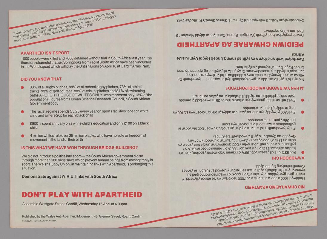 Flyer Wales Anti-Apartheid movement - 'Gorymdaith Rhyddhewch y Plant', 1987
