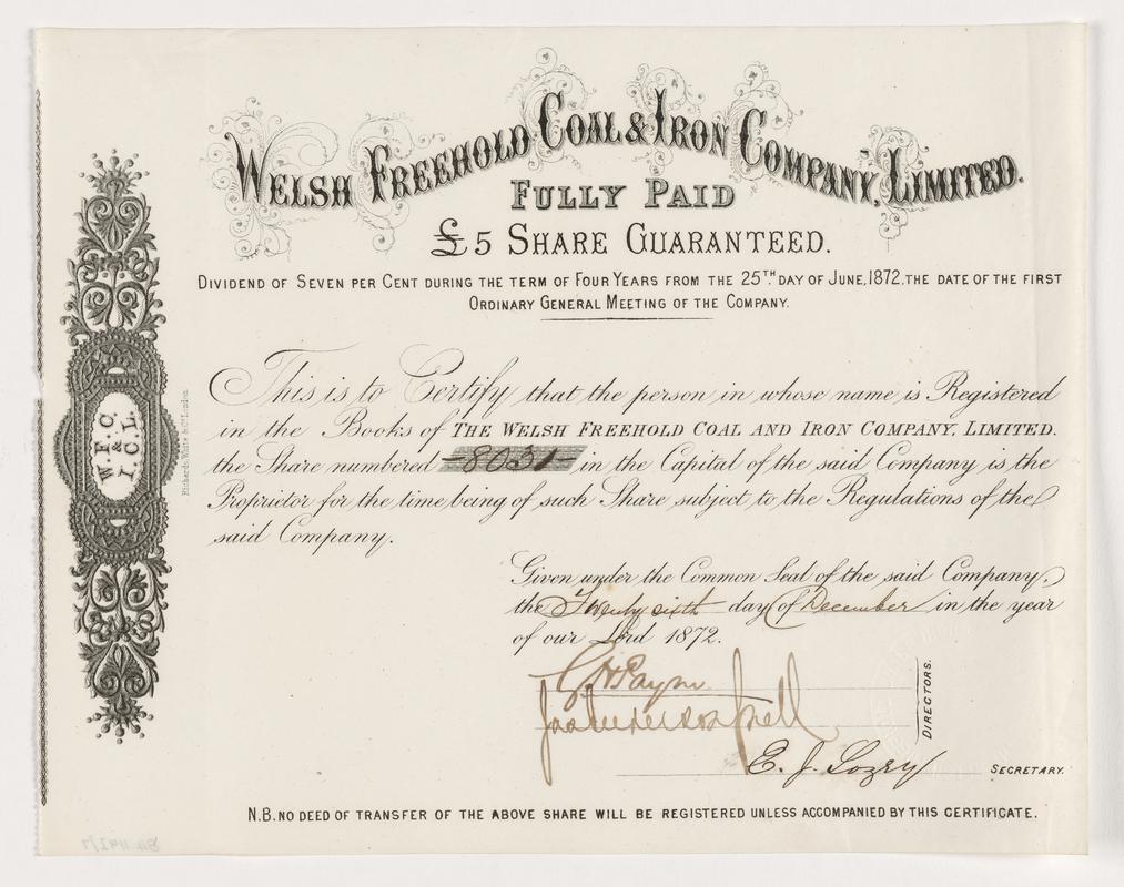 Welsh Freehold Coal & Iron Company Limited, £5 ordinary shares, 1872
