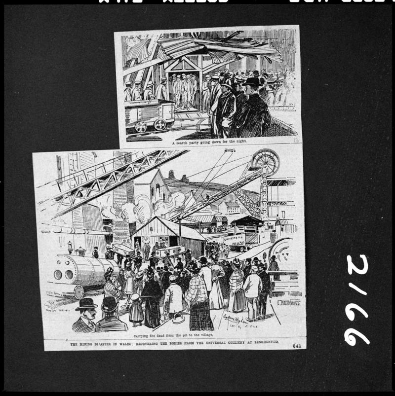Black and white film negative showing the scene at Universal Colliery Senghenydd after the explosion of May 24th 1901, sketched illustration photographed from the Daily Graphic publication.  'Sen 1901' is transcribed from original negative bag.