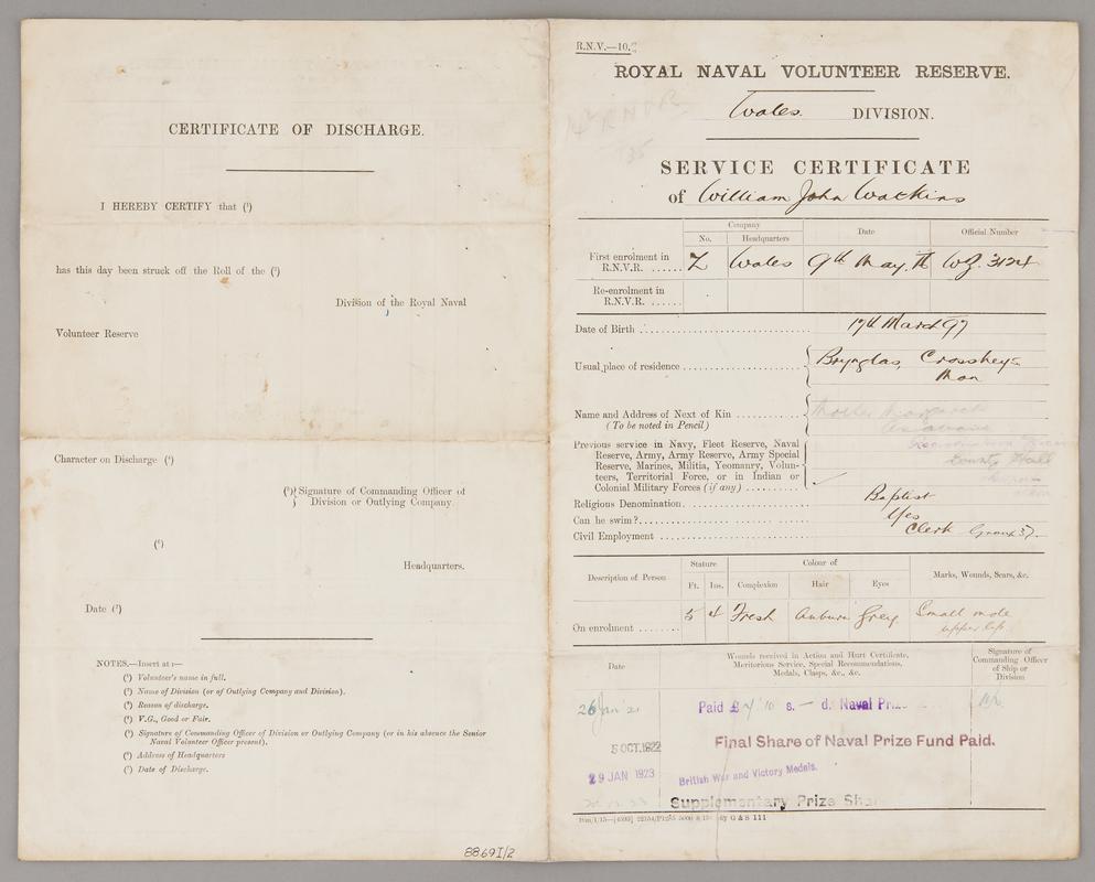 Royal Naval Volunteer Reserve service certificate
