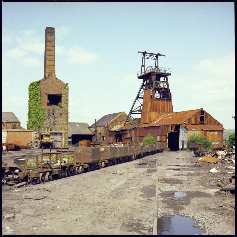 Colour film negative showing the derelict pumping engine house which contained a beam pump, Morlais Colliery. 'Morlais' is transcribed from original negative bag.