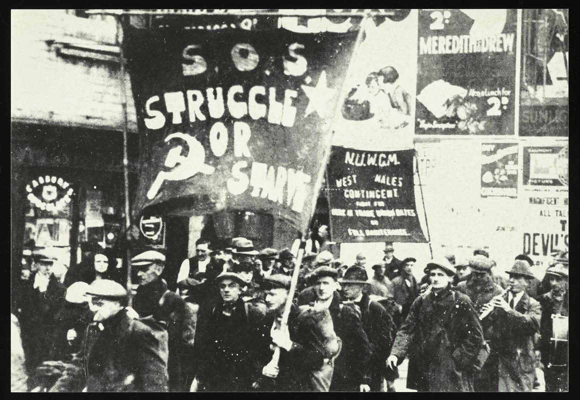 Black and white postcard of a photograph Struggle or starve - 1931 Hunger march from S. Wales to the T.U.C. in Bristol.