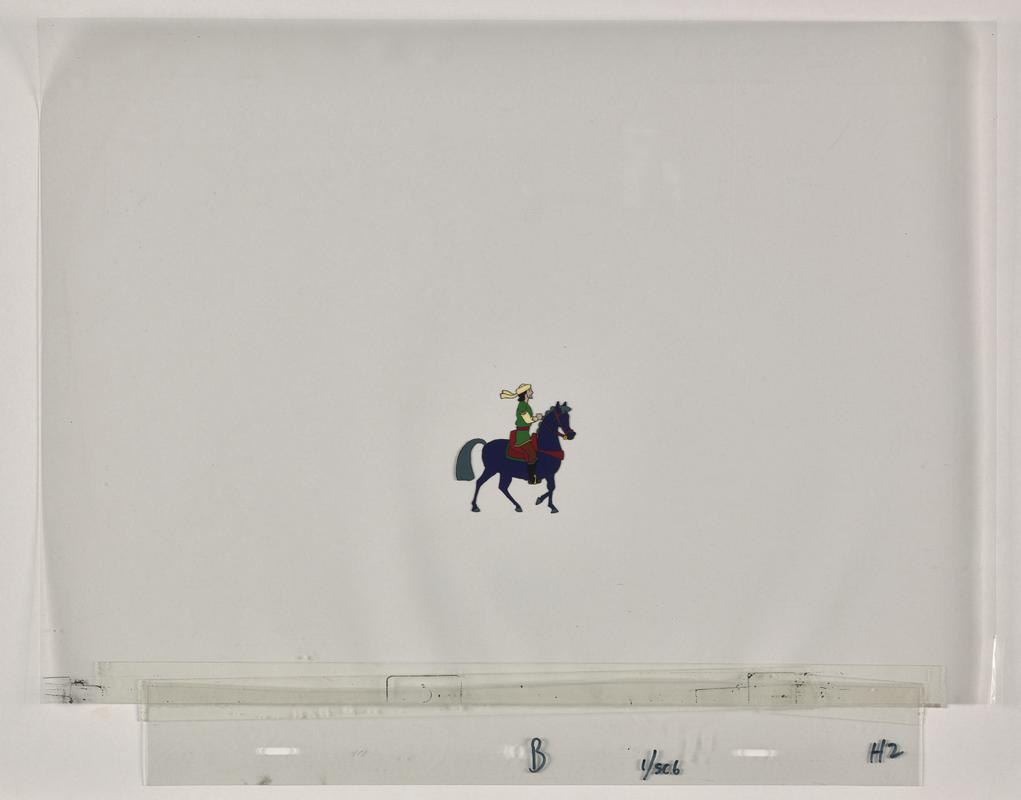 Turandot animation production artwork showing the character Calaf on horseback. Production artwork appears to be made from initial sketch 2019.5/181.