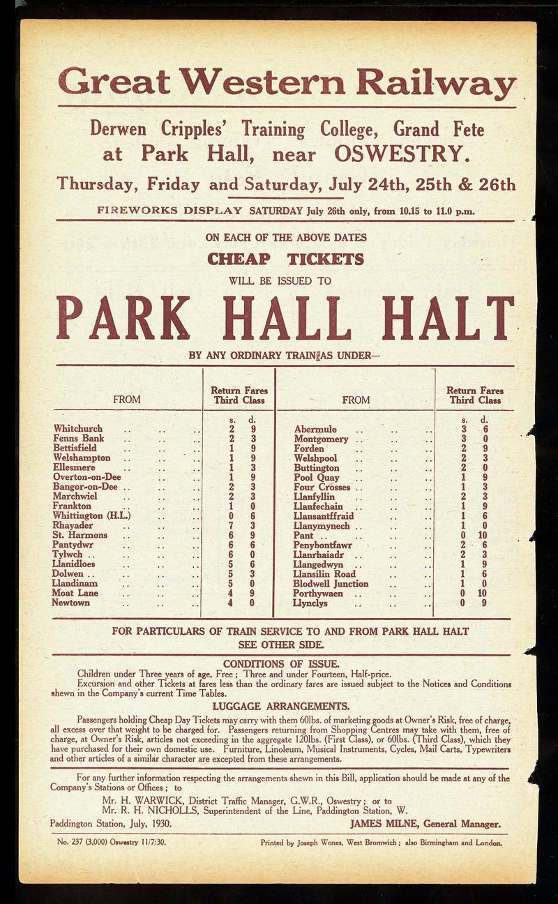 G.W.R. handbill Park Hall Halt