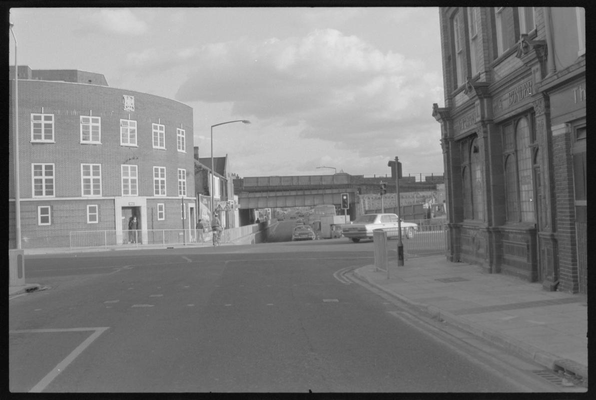 Traffic lights at junction of Bute Street and Bute Terrace with Glastonbury Arms on the right, Butetown.