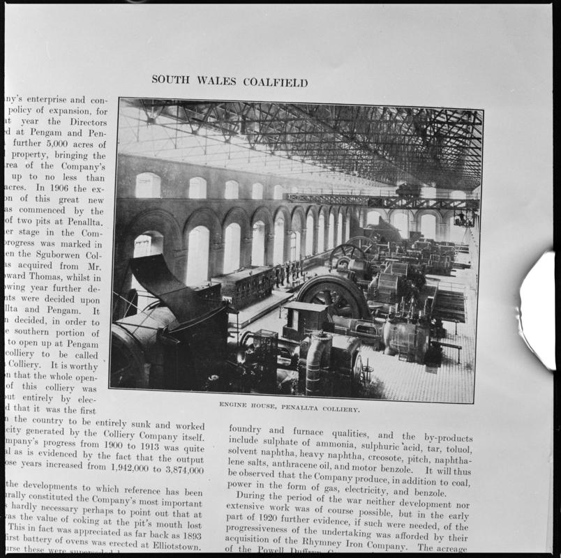 Black and white film negative showing the interior of the engine house, Penallta Colliery, photographed from a publication.  'Penallta Colliery' is transcribed from original negative bag.