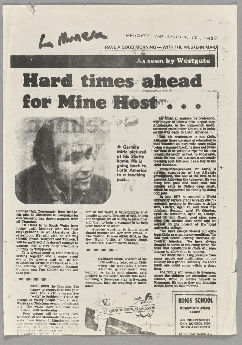 Printed copy of a press cutting, 12 December 1980
