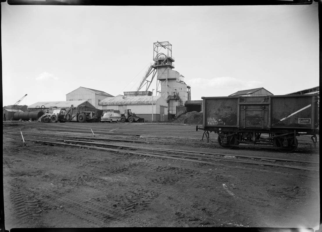 Black and white film negative showing a surface view of Brynlliw Colliery and yard. 'Brynlliw Glam 1973' is transcribed from original negative bag.