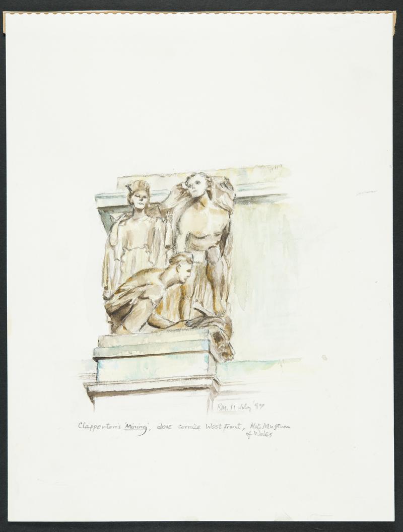 Drawing by Rosemary Markham of sculpture on the West Front of the National Museum of Wales, Cardiff, representing 'Mining'