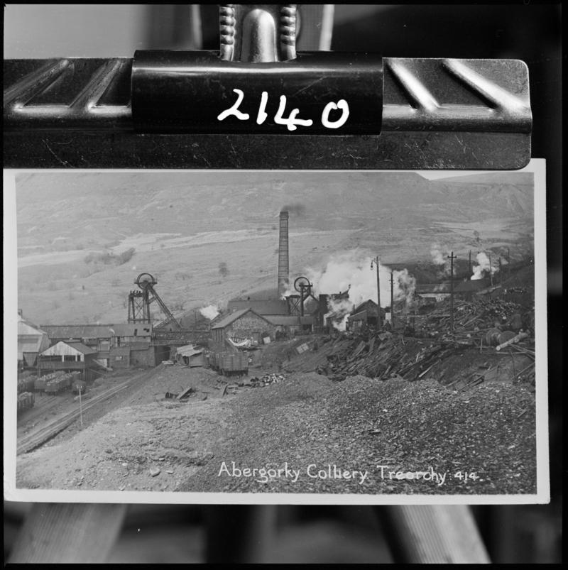 Black and white film negative of a photograph showing a general surface view of Abergorki Colliery, Treorchy.  'Abergorki, Treorchy' is transcribed from original negative bag.