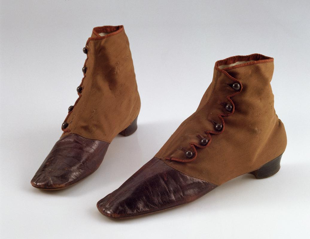 19th Century women's brown cloth and leather shoes