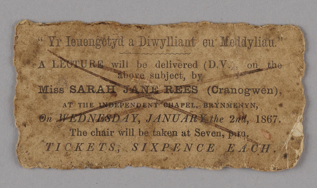 Admission ticket for a lecture titled 'Yr Ieuengetyd a Diwyllint eu Meddyliau' by Sarah Jane Rees (Cranogwen) at the Independent Chapel, Brynmenyn on 2 January 1867.