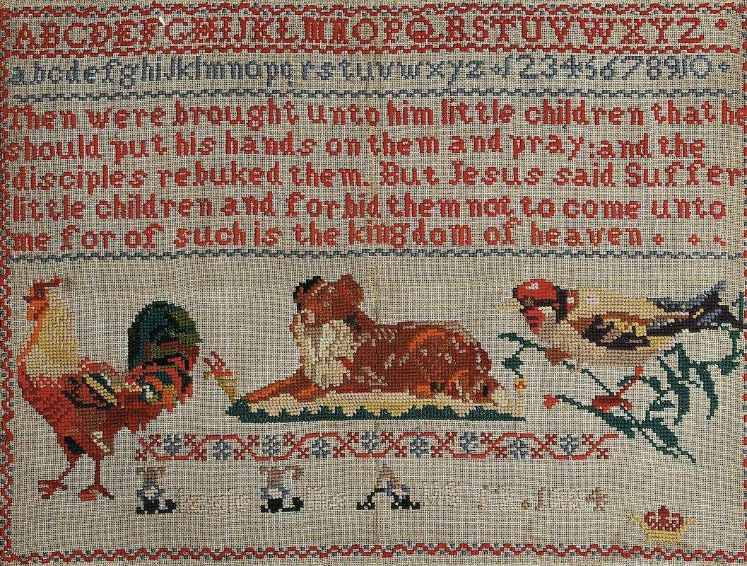 Sampler (verse, alphabet & motifs), made in Wales, 1884