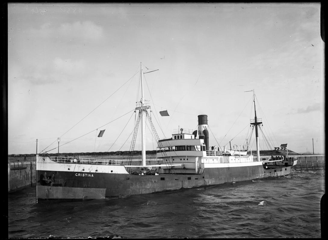 Three quarter Port bow view of S.S. CHRISTINA, c.1933.