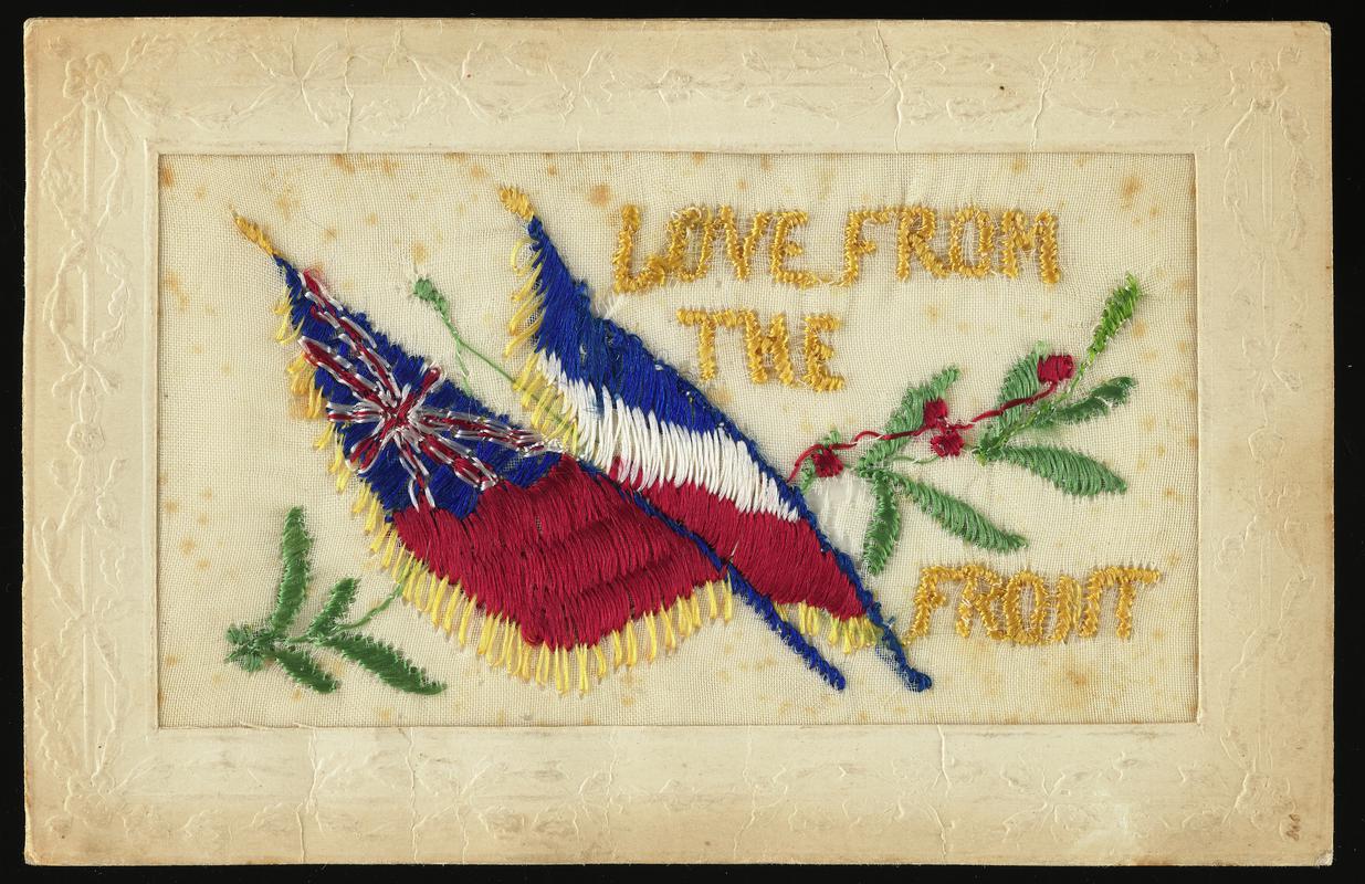 Embroidered postcard inscribed 'LOVE FROM THE FRONT'. No message on back. Sent to a family member of Corporal Hector Hussey of the Royal Welch Fusiliers during the First World War.