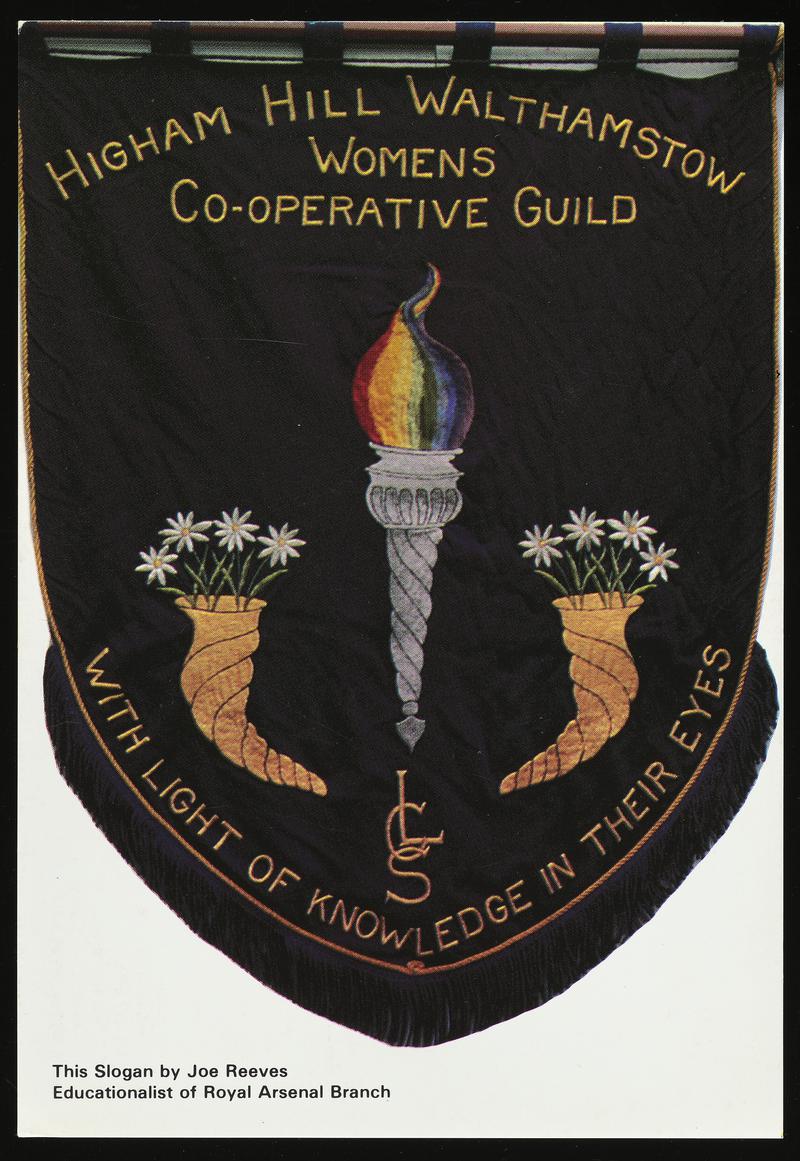 Colour postcard of a Higham Hill Walthamstow Womens Co-operative Guild banner.