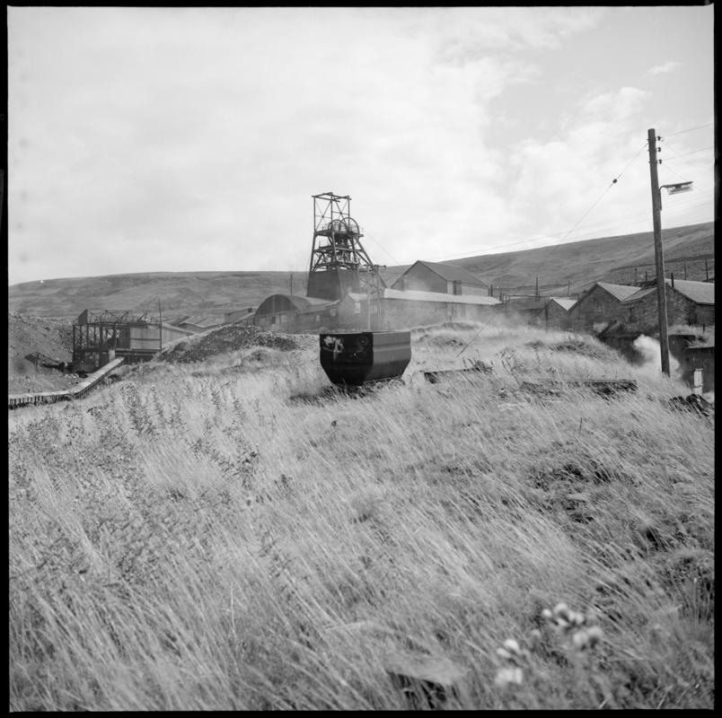 Black and white film negative showing a general surface view of Big Pit Colliery, 1975.  'Blaenavon 1975' is transcribed from original negative bag.