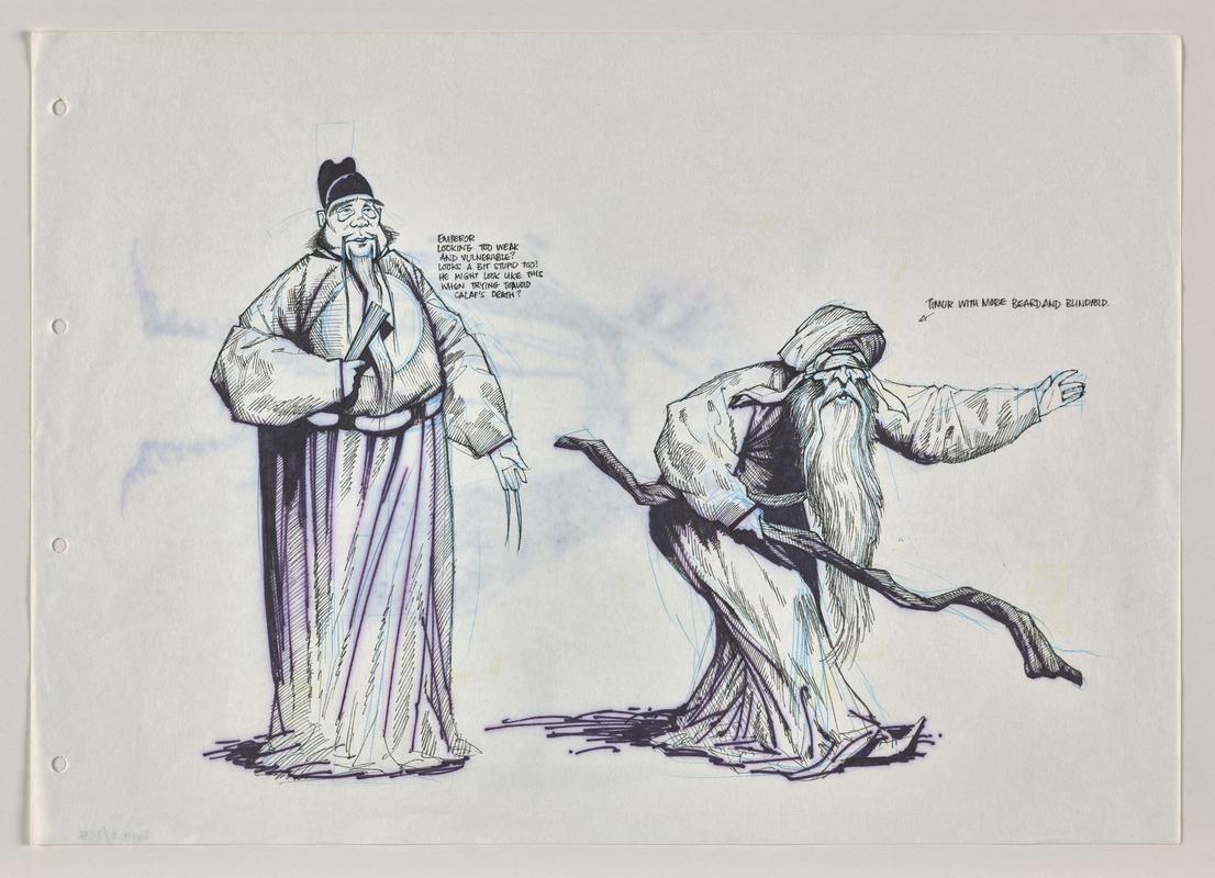 Turandot animation production sketch of the characters Emperor Altoum and Timur.