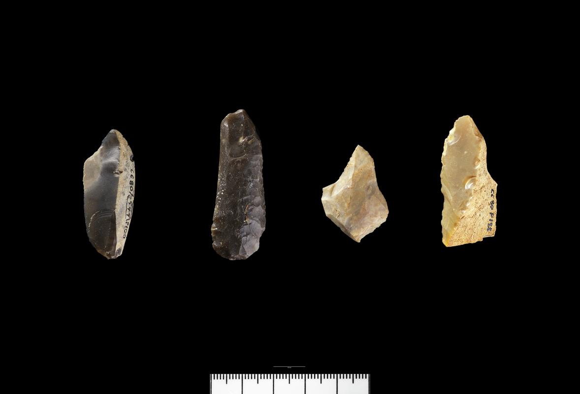 Neolithic flint utilized blade, Neolithic flint polished-edge knife, Neolithic flint retouched flake, Neolithic flint awl