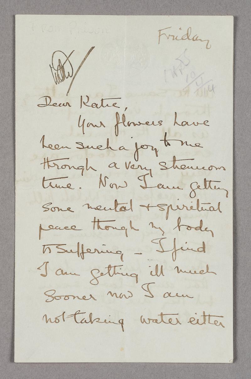 Letter written to Kate Williams Evans after her release from Holloway Prison by Dorothy Evans