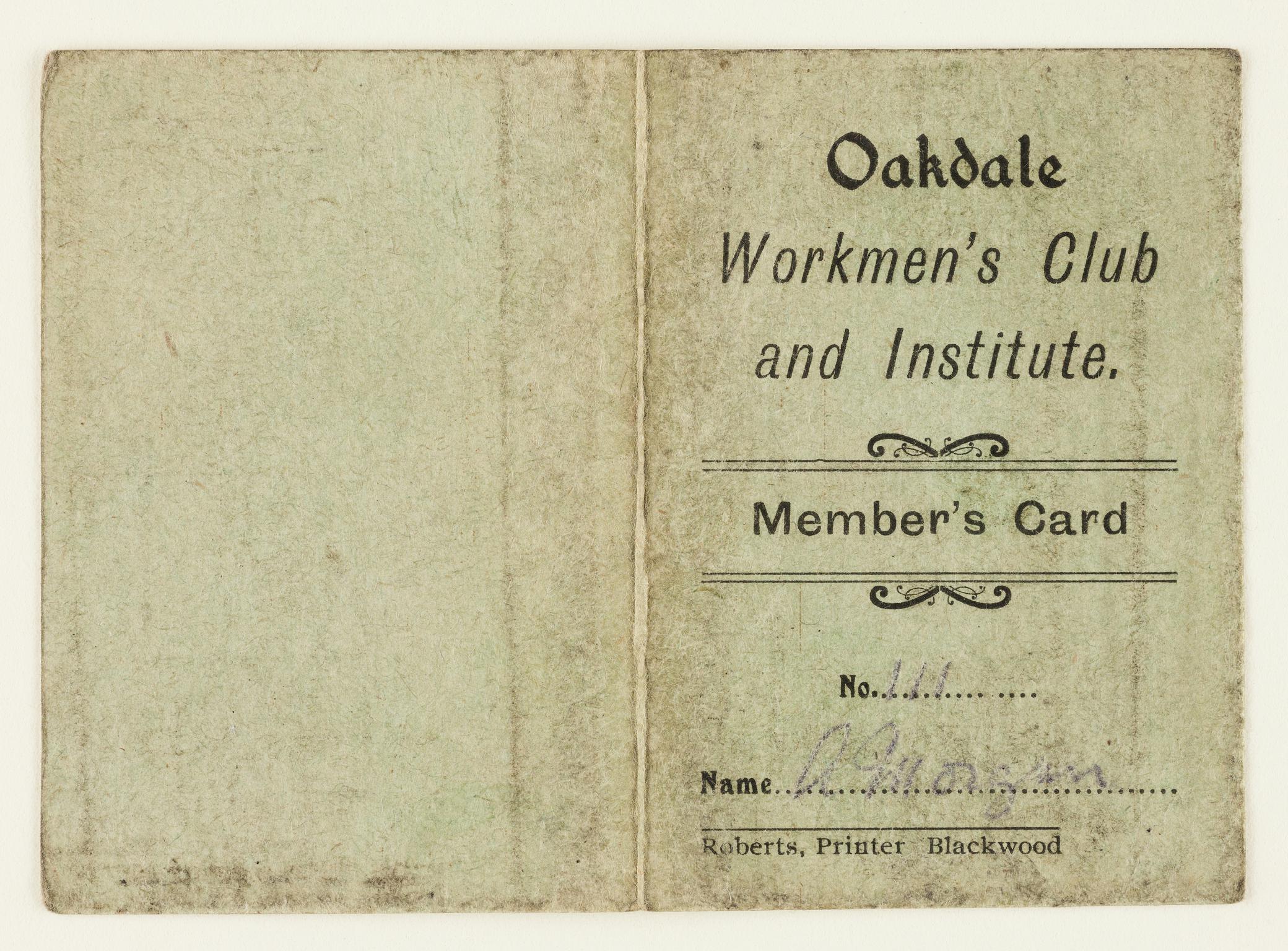 Oakdale Workmen's Club and Institute, membership card