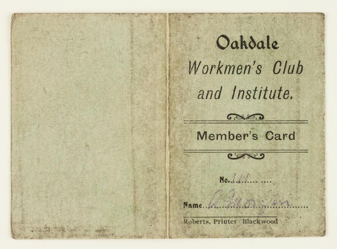 Oakdale Workmen's Club and Institute Member's Card No. '111', issued to A. Morgan, 1924/25.