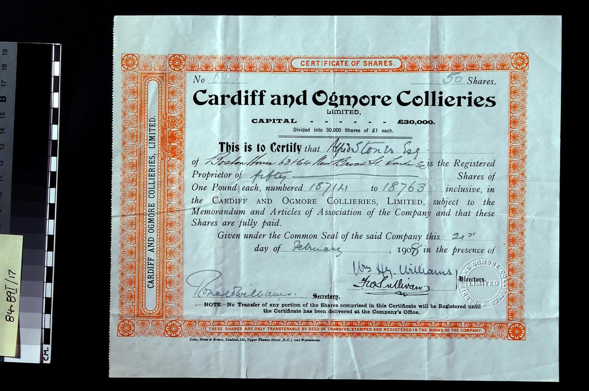 Cardiff & Ogmore Collieries Limited, share cert.