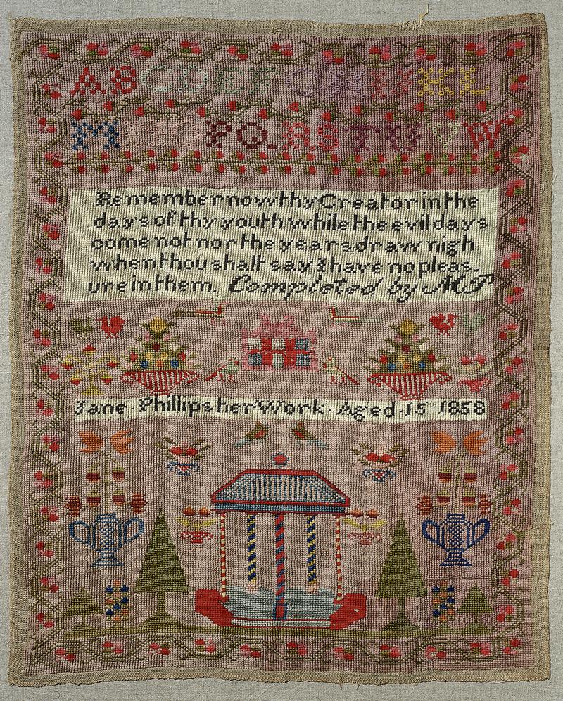 Sampler (motifs, alphabet & Biblical verse), made in Aberdare, 1858