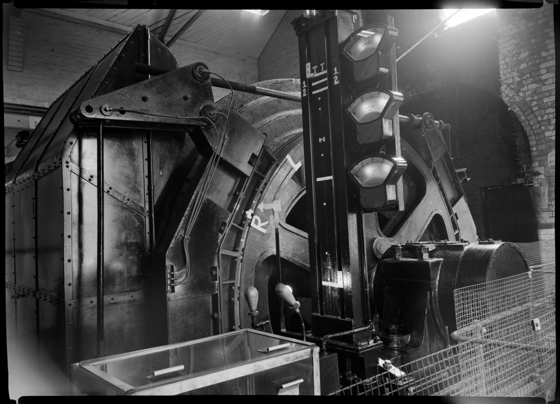 Black and white film negative showing a steam winder, Blaenserchan Colliery 1970.  'Blaenserchan 1970' is transcribed from original negative bag.