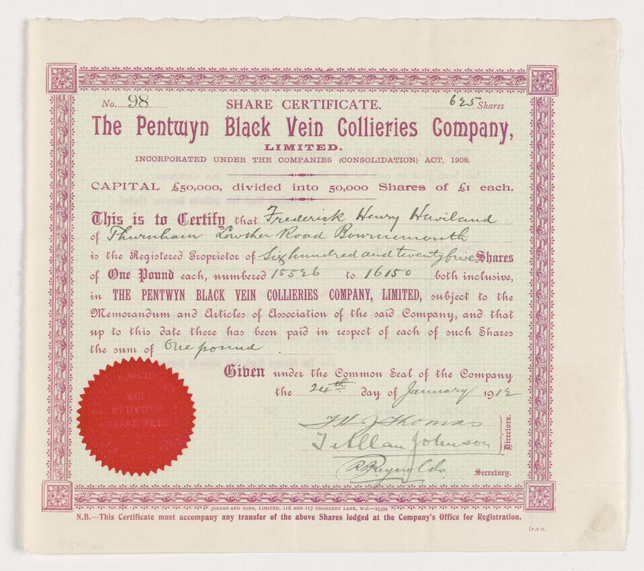 The Pentwyn Black Vein Collieries Company Limited, £1 ordinary shares, 1912,