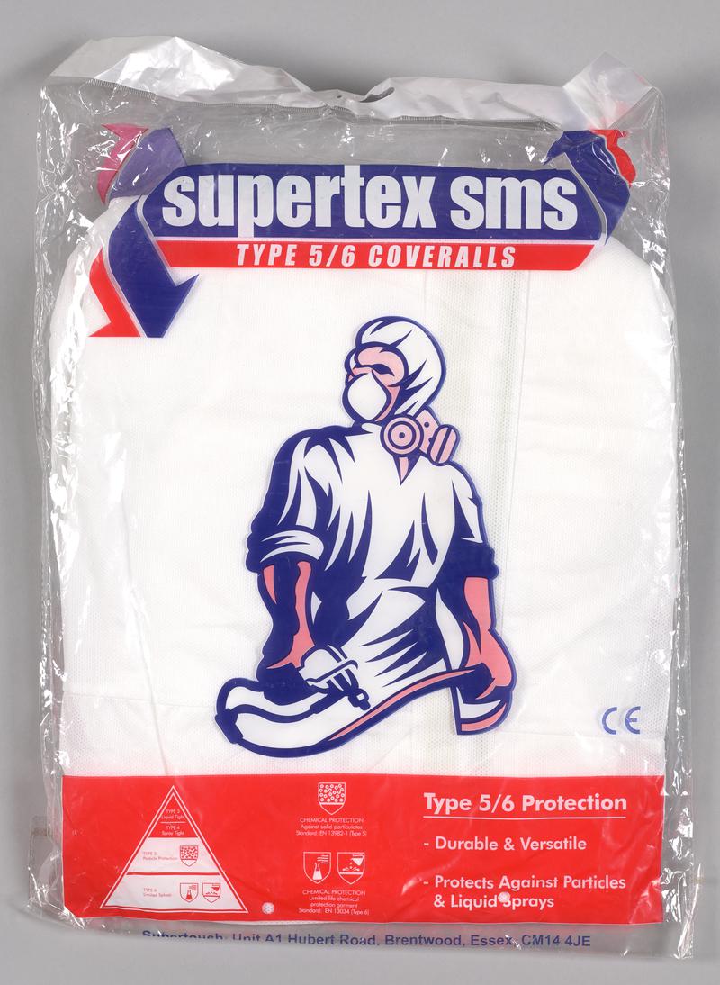 White 'Supertex SMS Type 5/6 Coveralls' overalls donated by a builders merchant to Tŷ Doctor. Unopened.